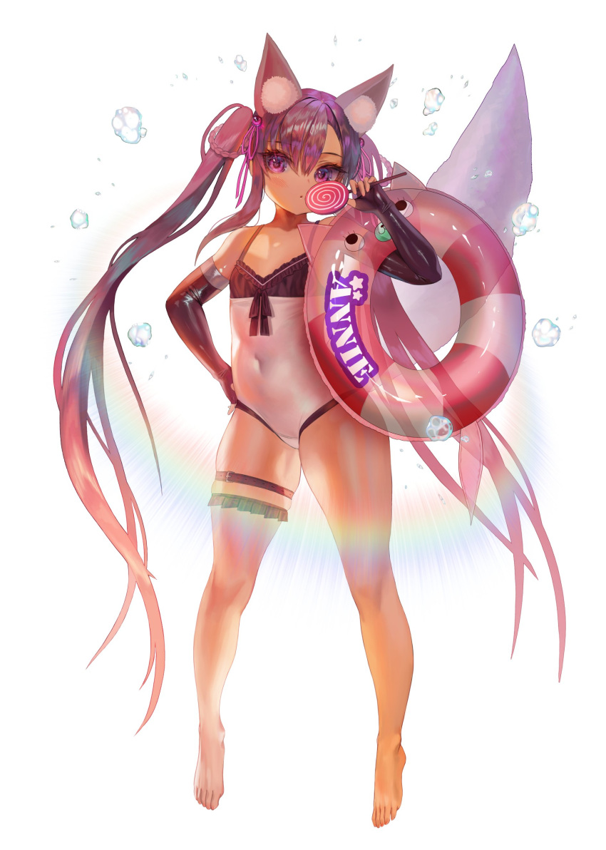 1girl absurdres animal_ear_fluff animal_ears arm_up barefoot black_gloves braid candy covered_navel elbow_gloves fingerless_gloves fingernails food frills gloves hand_on_hip head_tilt highres holding_lollipop innertube lollipop long_hair original pink_nails purple_hair rainbow simple_background solo tail thigh_strap thighs toenails tokkihouse transparent twintails very_long_hair violet_eyes water_drop white_background