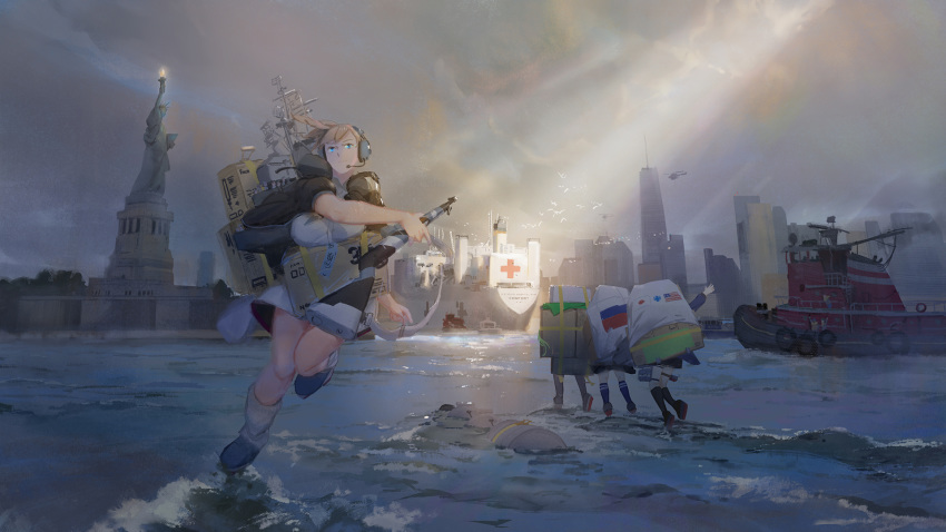 5girls blue_eyes box breasts building city closed_mouth clouds cloudy_sky coronavirus_pandemic fumizuki_(kantai_collection) gun headphones headset highres holding holding_gun holding_weapon intrepid_(kantai_collection) kantai_collection kneehighs landmark large_breasts light_brown_hair long_sleeves m1903_springfield maru-yu_(kantai_collection) multiple_girls nagatsuki_(kantai_collection) neck_pillow outdoors partially_submerged ponytail rigging short_sleeves sky skyscraper statue_of_liberty water watercraft weapon yayoi_(kantai_collection) ye_fan