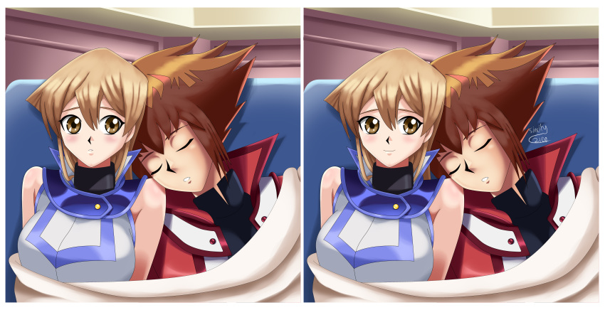 1boy 1girl blanket blonde_hair blush brown_hair closed_eyes collar couple cute deviantart happy leaning_on_person long_hair multicolored_hair red_jacket sincity2100 sleeping smile tenjouin_asuka white_shirt yu-gi-oh! yuu-gi-ou yuu-gi-ou_gx yuuki_juudai