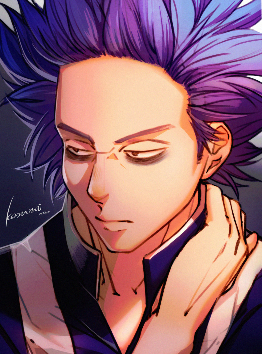 1boy bags_under_eyes blue_hair blue_jacket boku_no_hero_academia brown_eyes closed_mouth commentary_request forehead grey_background half-closed_eyes hand_up highres jacket kosumi looking_away looking_to_the_side male_focus purple_hair shinsou_hitoshi signature solo upper_body v-shaped_eyebrows