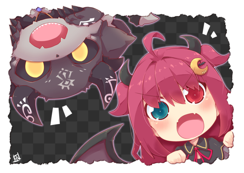 1girl :o ahoge bangs black_capelet blue_eyes blush brown_wings capelet checkered checkered_background chibi crescent crescent_hair_ornament debidebi_debiru demon demon_girl demon_horns demon_wings eyebrows_visible_through_hair fangs frilled_capelet frills hair_between_eyes hair_ornament heterochromia horns long_hair looking_at_viewer neck_ribbon nijisanji notice_lines open_mouth red_eyes red_ribbon redhead reku ribbon two_side_up v-shaped_eyebrows virtual_youtuber wings yuzuki_roa