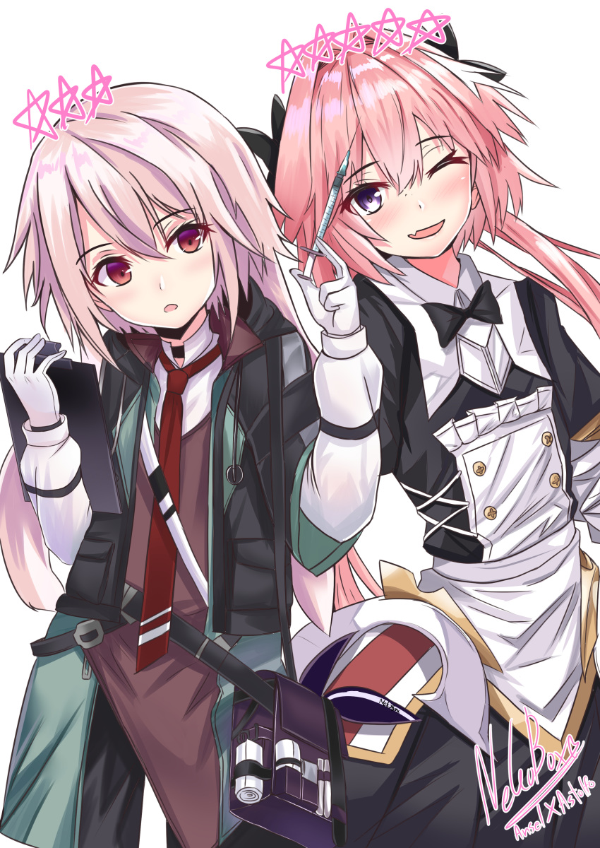 2boys absurdres ansel_(arknights) arknights astolfo_(fate) astolfo_(saber)_(fate) black_bow black_legwear black_neckwear black_ribbon black_skirt bow bowtie braid color_connection fang fate/apocrypha fate/grand_order fate_(series) hair_color_connection hair_intakes highres layered_skirt long_hair look-alike low_twintails male_focus multicolored_hair multiple_boys nekobox otoko_no_ko pink_hair red_eyes ribbon single_braid skin_fang skirt streaked_hair trait_connection twintails violet_eyes white_hair wing_collar