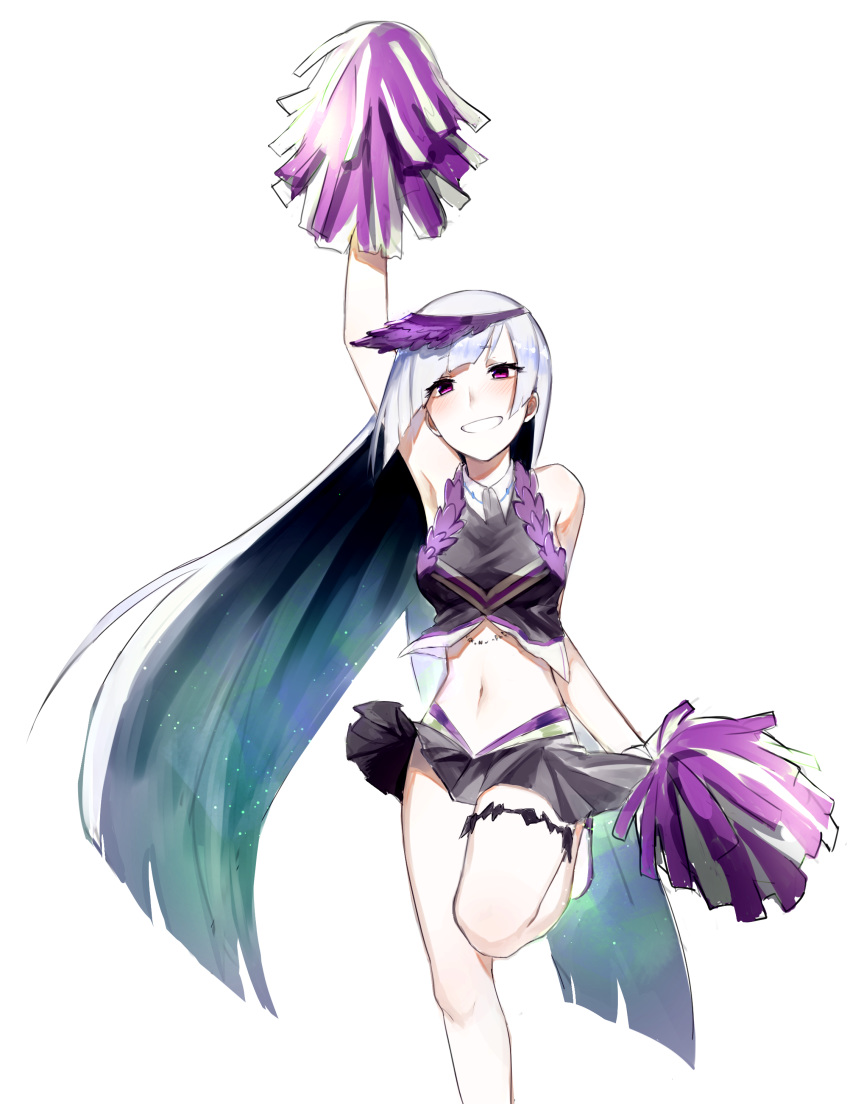 1girl :d absurdres bangs bare_shoulders black_shirt black_skirt blunt_bangs blush brynhildr_(fate) buttoniris cheerleader commentary commission diagonal_bangs english_commentary fate/grand_order fate_(series) hand_up highres legband long_hair looking_at_viewer midriff navel open_mouth pleated_skirt pom_poms shirt shoes skirt sleeveless sleeveless_shirt smile solo standing standing_on_one_leg very_long_hair violet_eyes visor_cap