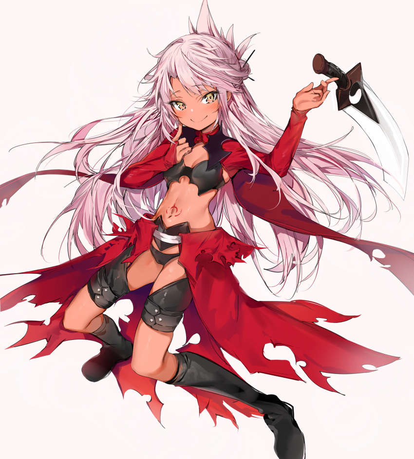1girl absurdres bangs black_footwear blush boots breastplate breasts cape chloe_von_einzbern closed_mouth dark_skin fate/kaleid_liner_prisma_illya fate_(series) hair_ornament hairpin half_updo highres kanshou_&amp;_bakuya knee_boots long_hair long_sleeves looking_at_viewer navel orange_eyes pink_hair red_cape shrug_(clothing) silver_(chenwen) small_breasts smile solo stomach_tattoo sword tattoo waist_cape weapon