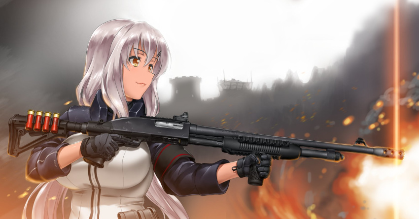 1girl armband black_gloves building byeontae_jagga dark_skin embers from_side girls_frontline gloves gun hair_ornament hairclip highres holding holding_weapon lens_flare long_hair looking_to_the_side m590_(girls_frontline) mossberg_590 pouch pump_action shotgun shotgun_shells sight silver_hair solo tan trigger_discipline vertical_foregrip weapon yellow_eyes