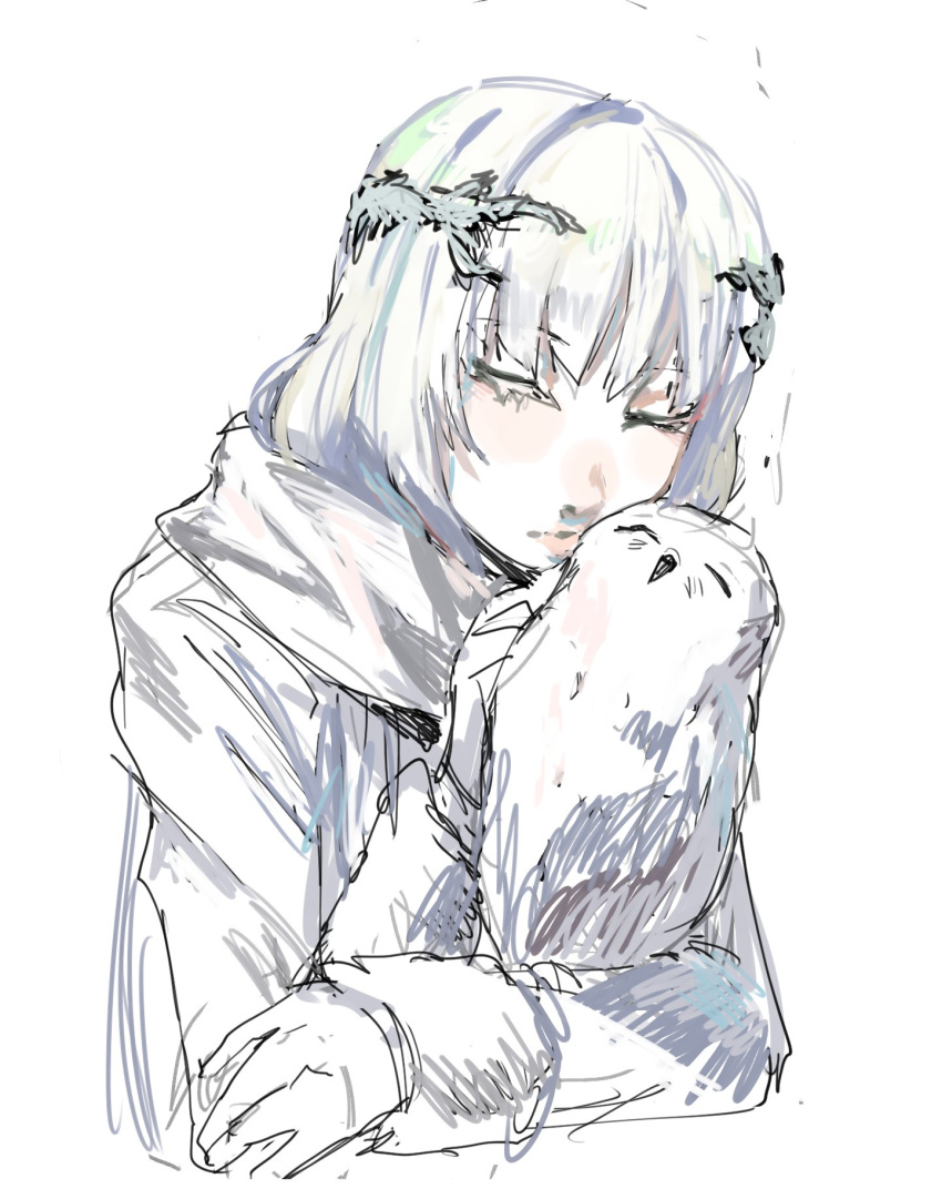 1girl bird buttoniris closed_eyes closed_mouth coat commentary english_commentary eyelashes gloves highres laurel_crown long_sleeves original owl scarf solo upper_body white_coat white_gloves white_hair white_scarf white_theme