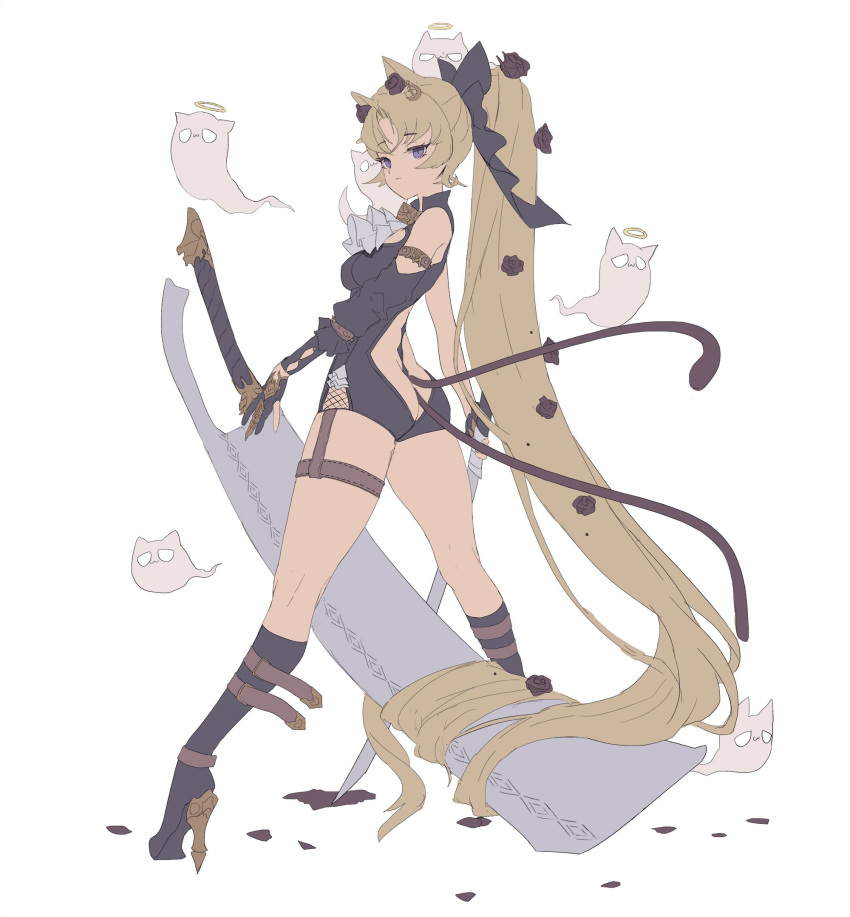 1girl animal_ears armlet bare_shoulders black_bow black_flower black_footwear black_gloves black_rose blonde_hair bow cat_ears cat_girl cat_tail eyebrows_visible_through_hair fingerless_gloves flat_color flower ghost gloves halo high_heels highres holding holding_sword holding_weapon huge_weapon long_hair looking_back multiple_tails original petals ponytail rose slit_pupils solo standing sword tail tokkihouse two_tails very_long_hair violet_eyes weapon