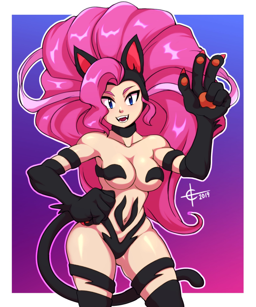 1girl 2019 alternate_color animal_ears arm_up blue_eyes breasts cat_ears cat_paws cat_tail collarbone eyebrows fangs felicia gradient gradient_background hand_on_hip highres large_breasts long_hair looking_at_viewer navel open_mouth original paws pink_hair solo taggo tail teeth v vampire_(game) very_long_hair