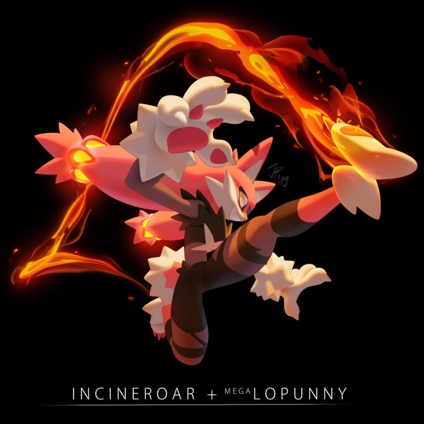 black_background character_name commentary creature english_commentary english_text fire full_body fusion gen_4_pokemon grin josephine_(cat-meff) jumping kicking looking_at_viewer lopunny mega_lopunny mega_pokemon no_humans pokemon pokemon_(creature) simple_background smile solo