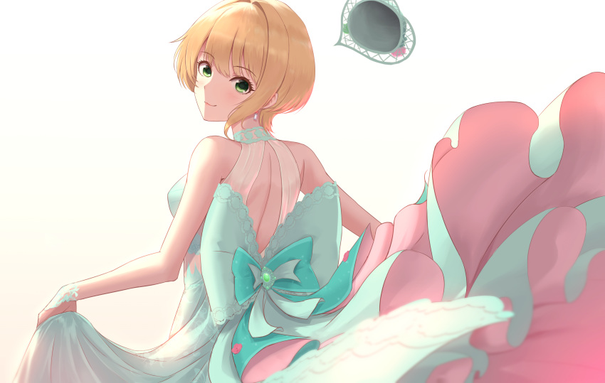 1girl back_bow backless_dress backless_outfit bangs blonde_hair blue_bow blue_dress bow closed_mouth dress eyebrows_visible_through_hair from_side green_eyes highres idolmaster idolmaster_cinderella_girls idolmaster_cinderella_girls_starlight_stage long_dress looking_at_viewer looking_back maitake_(maitake1234) miyamoto_frederica shiny shiny_hair short_hair shoulder_blades simple_background skirt_hold sleeveless sleeveless_dress smile solo standing white_background