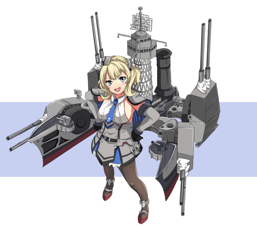 1girl ai_style black_gloves black_legwear blonde_hair blue_background blue_eyes blue_neckwear breasts cannon capelet colorado_(kantai_collection) commentary_request dress elbow_gloves garrison_cap gloves grey_capelet grey_dress grey_headwear hands_on_hips hat headgear highres kantai_collection large_breasts lattice_mast machinery necktie pantyhose pleated_dress shirt short_hair side_braids sideboob sleeveless smokestack solo standing turret two-tone_background white_background white_shirt