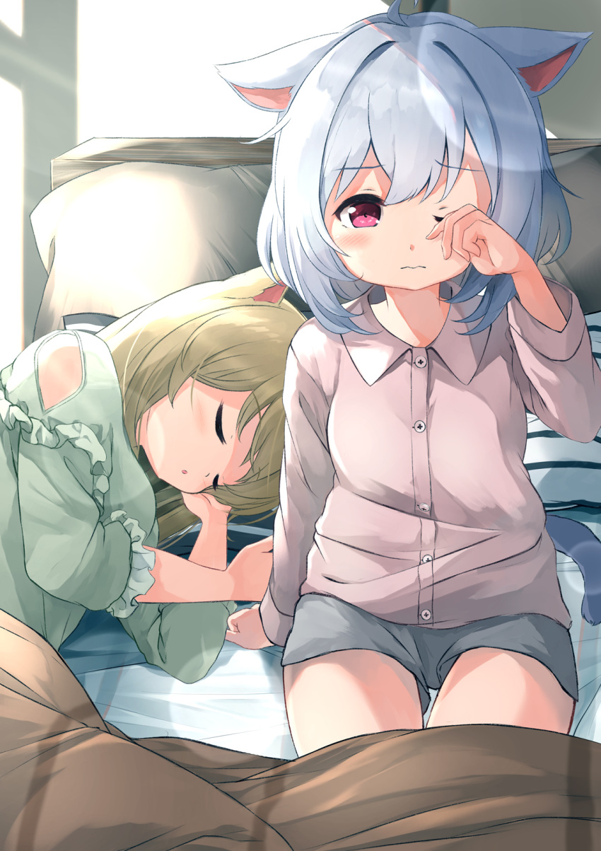 2girls :o animal_ears arm_support bangs bed brown_hair brown_shirt cat_ears cat_girl cat_tail closed_eyes closed_mouth collared_shirt commentary_request dress_shirt eyebrows_visible_through_hair green_shirt grey_shorts highres long_sleeves looking_at_viewer lying multiple_girls on_side one_eye_closed original parted_lips pillow rubbing_eyes shirt short_shorts shorts silver_hair sitting sleeping sora_(silent_square) tail under_covers violet_eyes waking_up wavy_mouth