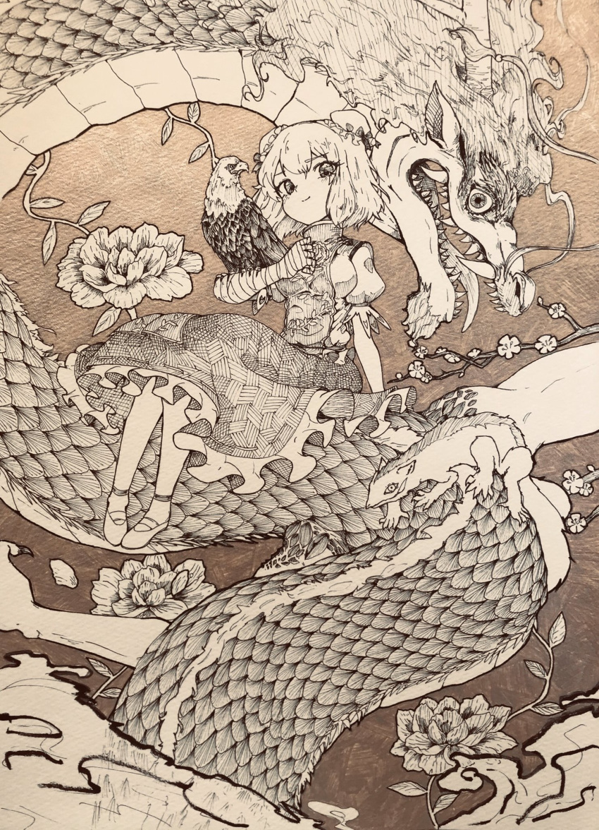 1girl anderson_m0311 animal_on_arm bandaged_arm bandages bangs bird bird_on_arm breasts bun_cover commentary_request crosshatching double_bun dragon dress eyebrows_visible_through_hair eyes_visible_through_hair fangs flower frilled_dress frills hawk highres ibaraki_kasen leaf looking_at_viewer medium_breasts monochrome photo puffy_short_sleeves puffy_sleeves shoes short_sleeves sitting smile solo tabard touhou traditional_media