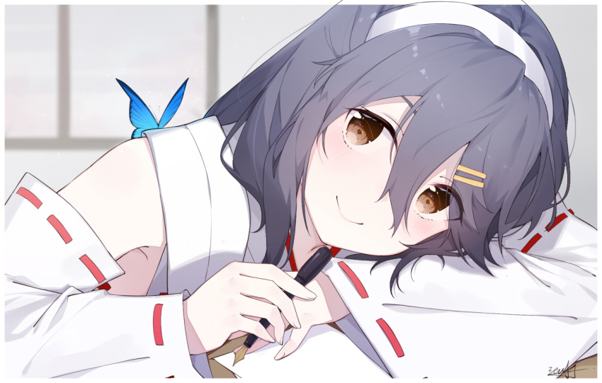 1girl bare_shoulders black_hair blush brown_eyes bug butterfly detached_sleeves fingernails hair_between_eyes hair_ornament hairband hairclip haruna_(kantai_collection) holding holding_pen ieufg insect japanese_clothes kantai_collection long_hair nontraditional_miko paper pen ribbon-trimmed_sleeves ribbon_trim signature smile solo white_hairband wide_sleeves