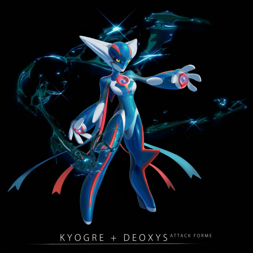 black_background breasts commentary creature deoxys deoxys_(attack) english_commentary english_text fusion gen_4_pokemon josephine_(cat-meff) kyogre no_humans pokemon pokemon_(creature) simple_background small_breasts solo standing yellow_eyes