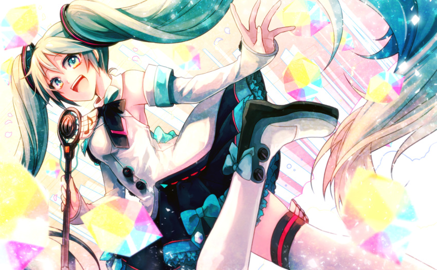 1girl bare_shoulders black_skirt boots cube detached_sleeves double-breasted dress dutch_angle eighth_note frilled_skirt frills from_side hair_ornament hatsune_miku highres holding holding_wand leg_up long_hair looking_at_viewer looking_to_the_side magical_mirai_(vocaloid) microphone microphone_wand musical_note musical_note_print open_mouth outstretched_arm ponita skirt sleeveless sleeveless_dress sleeves_past_wrists smile solo thigh-highs thigh_boots twintails very_long_hair vocaloid wand white_dress white_legwear white_sleeves wings