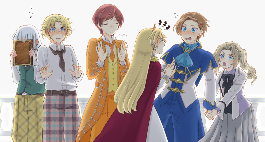 2girls 4boys :/ :o absurdres arguing arm_grab ascot bangs belt black_neckwear blonde_hair blue_capelet blue_eyes blue_neckwear blue_pants blush book brooch brown_hair cape capelet closed_eyes coat commentary_request covering_face earrings eyebrows_visible_through_hair flying_sweatdrops genderswap genderswap_(ftm) genderswap_(mtf) geordo_stuart grey_hair grey_skirt highres holding holding_book jewelry katarina_claes keith_claes long_hair long_sleeves maria_campbell mary_hunt multiple_boys multiple_girls mutton_(user_hafp8324) necktie nose_blush open_mouth orange_coat orange_neckwear orange_pants otome_game_no_hametsu_flag_shika_nai_akuyaku_reijou_ni_tensei_shite_shimatta pants plaid plaid_pants pleated_skirt red_cape shirt simple_background skirt sophia_ascart swept_bangs tiara twintails unmoving_pattern v-shaped_eyebrows wavy_mouth white_background white_hair white_shirt