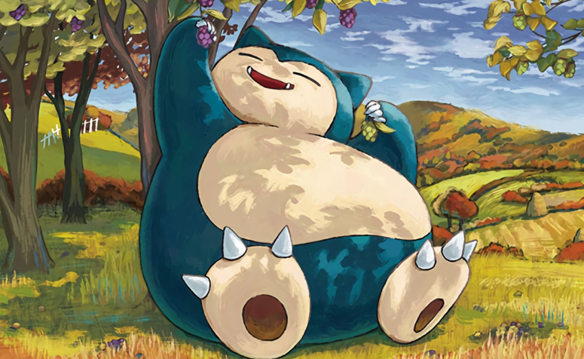 blue_sky claws closed_eyes clouds cloudy_sky commentary creature day english_commentary fangs fence food fruit full_body gen_1_pokemon grapes grass happy holding holding_food holding_fruit multiple_sources no_humans official_art outdoors pokemon pokemon_(creature) pokemon_trading_card_game sitting sky snorlax solo third-party_source tree yamaki_eri