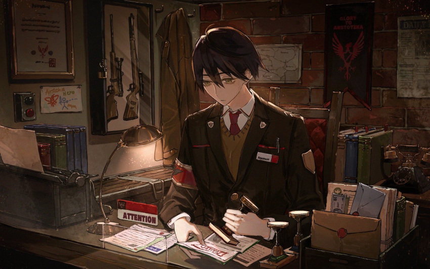 1boy armband binder black_jacket book brown_eyes brown_hair chair child_drawing closed_mouth clothes_hanger coat coat_removed empty_eyes from_outside gun hair_between_eyes holding id_card jacket jitome kenmochi_touya letter long_sleeves male_focus map naluse_flow name_tag necktie nijisanji papers_please phone red_neckwear rifle sitting solo stamp typewriter vest weapon
