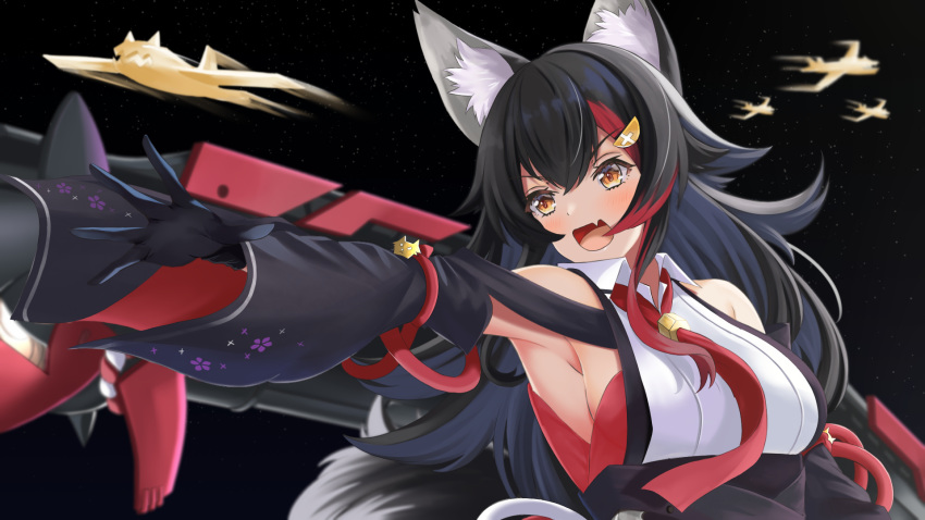 1girl :d aircraft animal_ear_fluff animal_ears arikawa_rui armpits azur_lane black_gloves black_hair blurry breasts fang gloves hair_ornament highres hololive japanese_clothes long_hair looking_away machinery medium_breasts multicolored_hair necktie ookami_mio open_mouth orange_eyes outstretched_arm smile solo tail two-tone_hair upper_body v-shaped_eyebrows virtual_youtuber wide_sleeves wing_collar wolf_ears wolf_tail