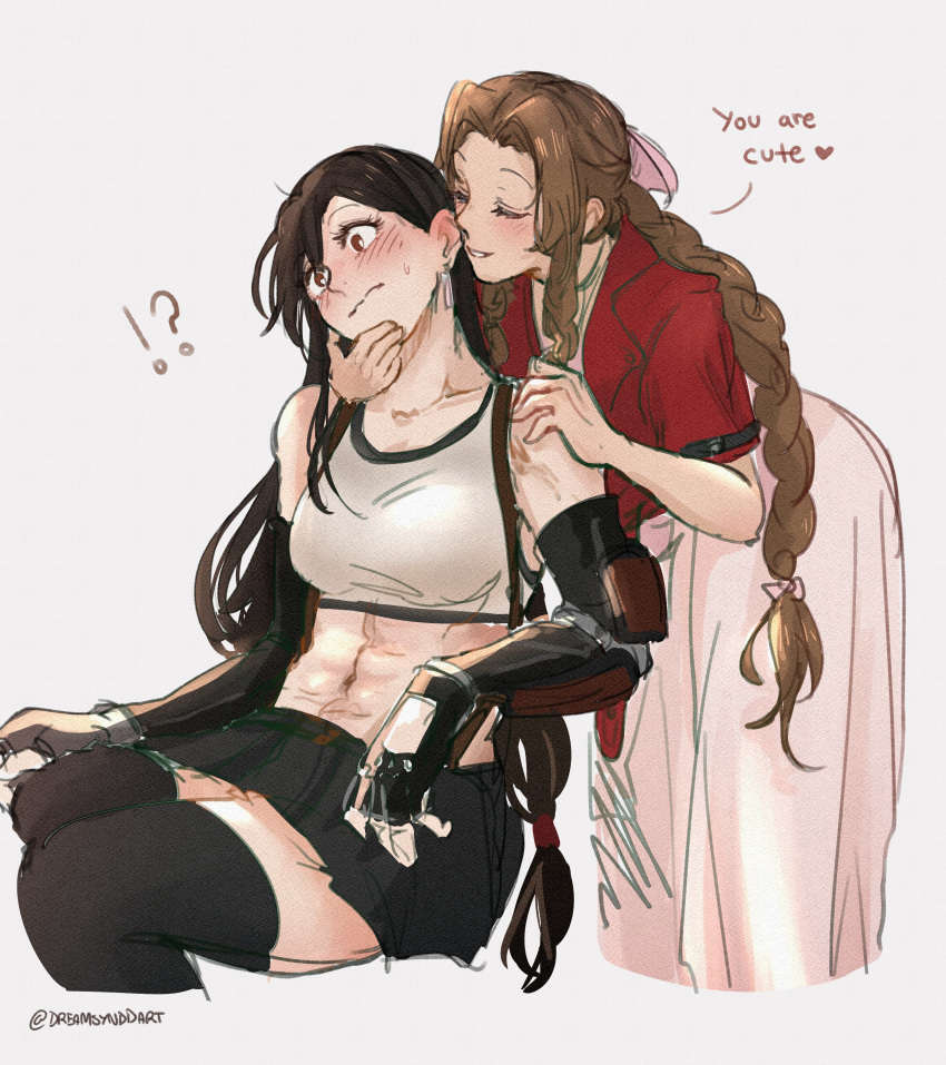 2girls abs absurdres aerith_gainsborough arm_guards black_hair black_skirt blush braid braided_ponytail brown_hair closed_eyes dreamsyndd dress english_text final_fantasy final_fantasy_vii final_fantasy_vii_remake hands_on_another's_face highres jacket long_hair low-tied_long_hair multiple_girls pink_dress red_jacket simple_background skirt surprised tank_top thigh-highs tifa_lockhart yuri