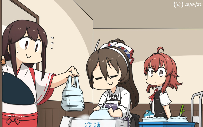 3girls ahoge akagi_(kantai_collection) apron arashi_(kantai_collection) ashigara_(kantai_collection) bangs blouse bow brown_eyes brown_hair closed_eyes collared_shirt commentary_request dated flying_sweatdrops food gloves hair_bow hairband hakama hakama_skirt hamu_koutarou highres indoors japanese_clothes kantai_collection leaning_forward long_hair long_sleeves looking_at_another messy_hair multicolored_bow multiple_girls muneate onion plump ponytail purple_apron red_skirt redhead shirt short_sleeves signature skirt sleeves_rolled_up smile standing straight_hair vest wavy_hair white_gloves white_hairband white_shirt wide_sleeves yellow_eyes