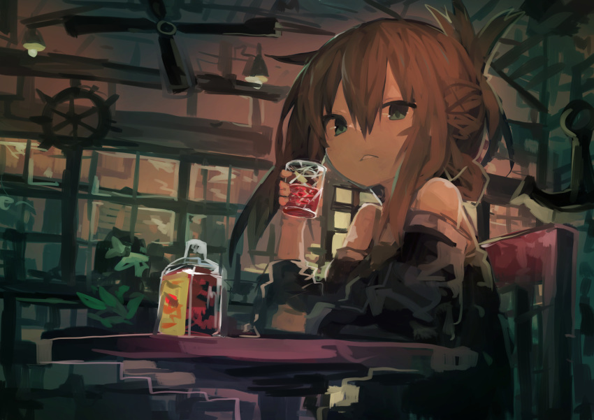 1girl absurdres alternate_costume alternate_eye_color anchor arm_support bangs black_shirt brown_hair ceiling_fan chair cup drink folded_ponytail green_eyes hair_between_eyes hanging_light highres holding holding_cup inazuma_(kantai_collection) indoors kaamin_(mariarose753) kantai_collection looking_at_viewer no_eyebrows off-shoulder_shirt off_shoulder parted_lips ship's_wheel shirt sidelocks sitting solo table window