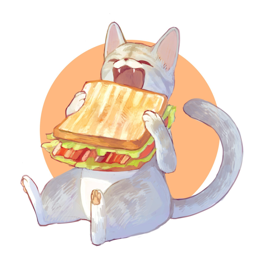 bacon cat closed_eyes commentary_request eating fangs food full_body hands_up highres holding lettuce mayumochini no_humans open_mouth original pawpads sandwich simple_background sitting solo tomato two-tone_background white_background