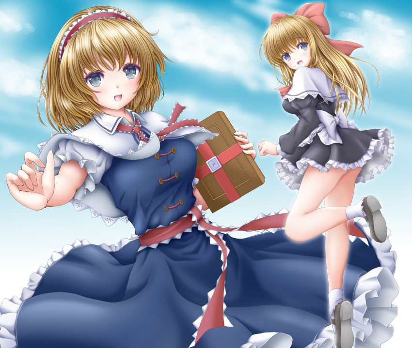 1girl :d akino_irori alice_margatroid black_dress blonde_hair blue_dress blue_eyes blue_sky bobby_socks book breasts brown_footwear capelet clouds commentary_request cowboy_shot day dress floating folded_leg frilled_skirt frills grimoire grimoire_of_alice hair_ribbon hairband highres holding holding_book juliet_sleeves leaning_to_the_side leg_lift lolita_hairband long_hair long_sleeves looking_at_viewer looking_back medium_breasts open_mouth outdoors outstretched_hand partial_commentary petticoat puffy_sleeves red_neckwear ribbon sash shanghai_doll short_dress short_hair skirt sky smile socks solo standing touhou very_long_hair white_capelet white_legwear wind