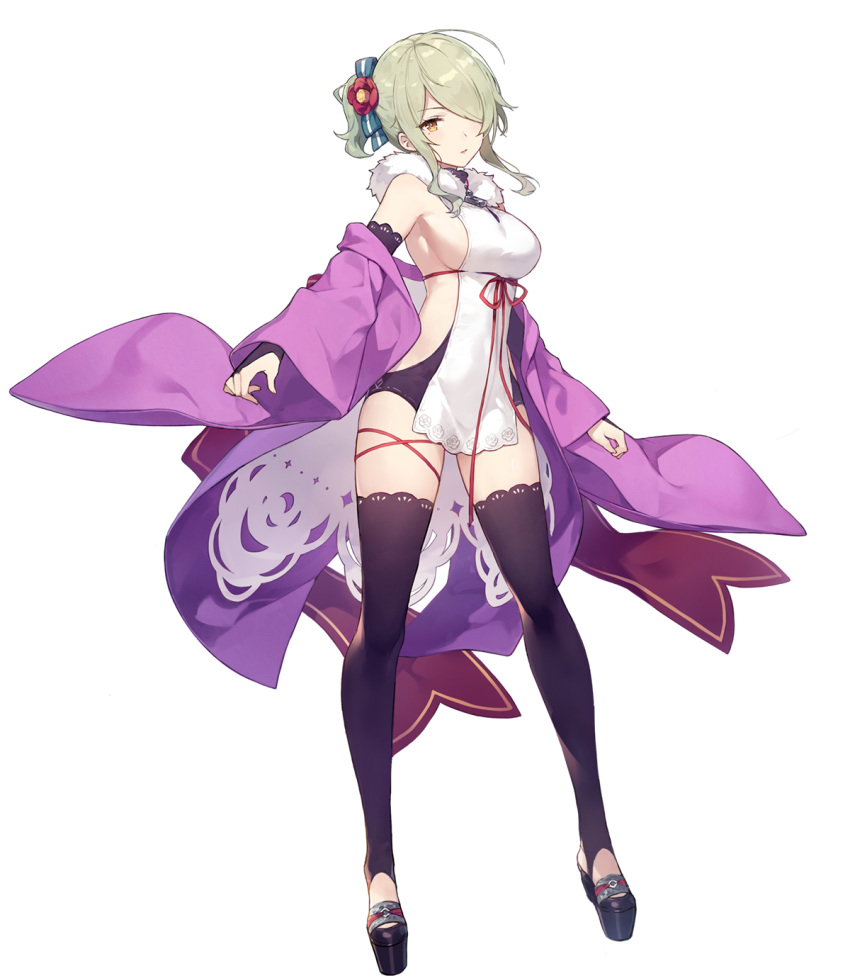 1girl ahoge armpits backless_outfit bare_shoulders black_legwear breasts bridal_gauntlets catherine_(girl_cafe_gun) flower full_body fur_collar girl_cafe_gun green_hair hair_flower hair_ornament hair_over_one_eye haori highres iritoa japanese_clothes large_breasts long_hair long_sleeves looking_at_viewer mole mole_under_eye off_shoulder official_art open_clothes orange_eyes platform_footwear revealing_clothes short_ponytail sideboob sidelocks solo thigh-highs thighs transparent_background wide_sleeves