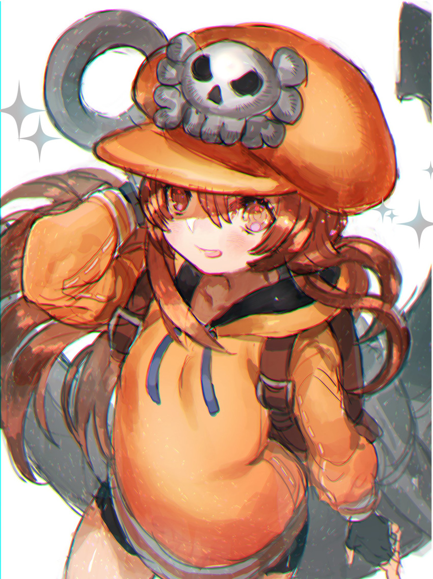 1girl anchor bike_shorts black_gloves black_sclera blush brown_eyes brown_hair fingerless_gloves gloves guilty_gear guilty_gear_strive hat highres long_hair looking_at_viewer may_(guilty_gear) open_mouth orange_headwear pirate_hat simple_background sketch skull_and_crossbones smile solo sutegoro white_background