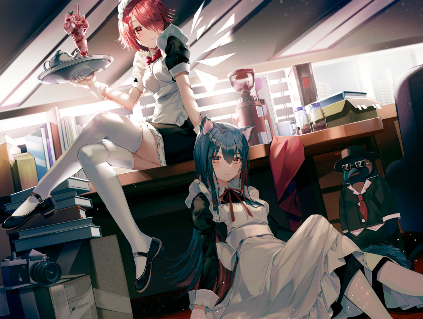 2girls animal animal_ear_fluff animal_ears apron arknights bird black_dress black_footwear black_headwear blue_hair book_stack box breasts buckle camera cardboard_box ceiling coffee_mug commentary crossed_legs cup dress dutch_angle ei_(tndusdldu) english_commentary exusiai_(arknights) fedora food formal frilled_apron frilled_dress frills gradient_hair hair_over_one_eye hat highres holding holding_tray ice_cream indoors jar juliet_sleeves long_hair long_sleeves looking_at_viewer maid_headdress mary_janes medium_breasts mixer_(cooking) mug multicolored_hair multiple_girls neck_ribbon necktie on_table orange_hair pantyhose penguin puffy_sleeves red_eyes red_neckwear redhead reflection ribbon shoes short_hair short_sleeves sitting straight_hair suit sundae sunglasses table texas_(arknights) thigh-highs tray very_long_hair waitress white_apron white_legwear wrist_cuffs