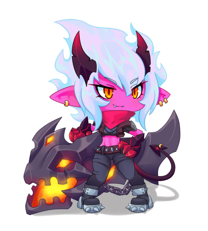 1girl abs belt boots chain chibi closed_mouth doggopancake ear_piercing english_commentary fangs fangs_out full_body highres league_of_legends midriff navel orange_eyes pants piercing pink_hair pink_skin pointy_ears simple_background smile solo standing tristana white_background yordle
