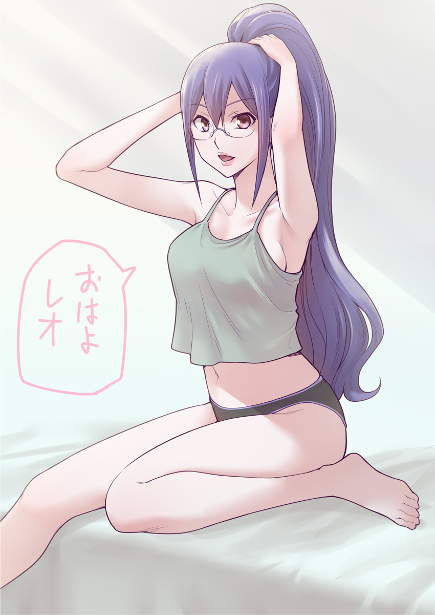 1girl armpits arms_up black_panties commentary_request glasses highres jo_aysel lips long_hair looking_at_viewer navel no_pants ogry_ching panties pink_eyes ponytail purple_hair sitting solo speech_bubble tank_top translated tying_hair underwear very_long_hair zoids_wild_zero