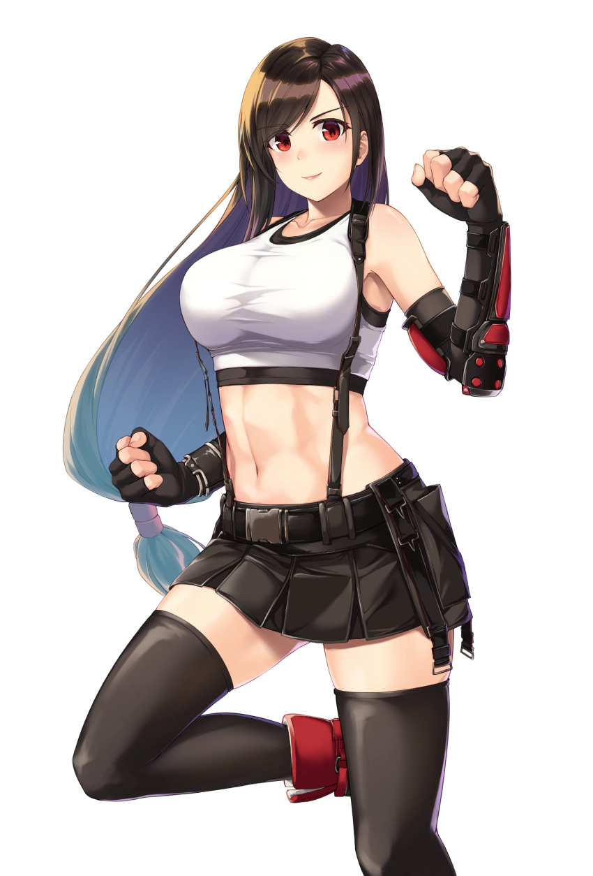 1girl abs bangs bare_shoulders belt black_belt black_hair black_legwear black_skirt black_sports_bra blush boots breasts clenched_hands collarbone commentary cowboy_shot elbow_gloves eyebrows_visible_through_hair final_fantasy final_fantasy_vii final_fantasy_vii_remake fingerless_gloves gauntlets gloves hand_up highres large_breasts light_(sdga5524) long_hair looking_at_viewer low-tied_long_hair midriff navel pleated_skirt red_eyes red_footwear shirt sidelocks simple_background skindentation skirt smile snap-fit_buckle solo standing standing_on_one_leg suspender_skirt suspenders swept_bangs tank_top taut_clothes taut_shirt thigh-highs tifa_lockhart white_background white_tank_top zettai_ryouiki