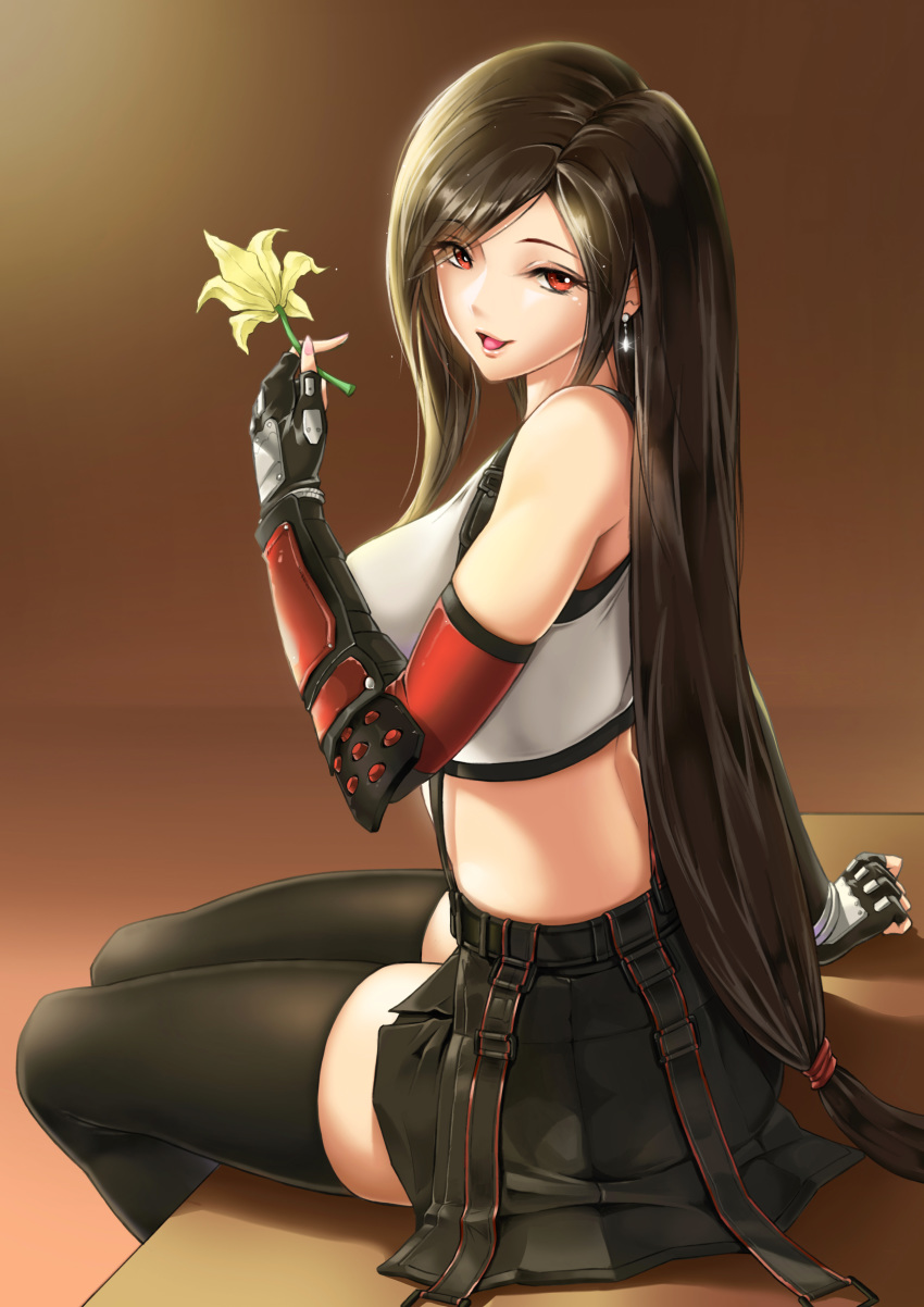 1girl :d =d absurdres arm_guards bangs black_gloves black_hair black_legwear black_skirt breasts crop_top earrings elbow_gloves eyebrows_visible_through_hair final_fantasy final_fantasy_vii final_fantasy_vii_remake fingerless_gloves flower gi_gi gloves highres holding holding_flower jewelry large_breasts long_hair looking_at_viewer low-tied_long_hair open_mouth pleated_skirt red_eyes sitting skirt sleeveless smile solo suspender_skirt suspenders thigh-highs tifa_lockhart white_crop_top yellow_flower