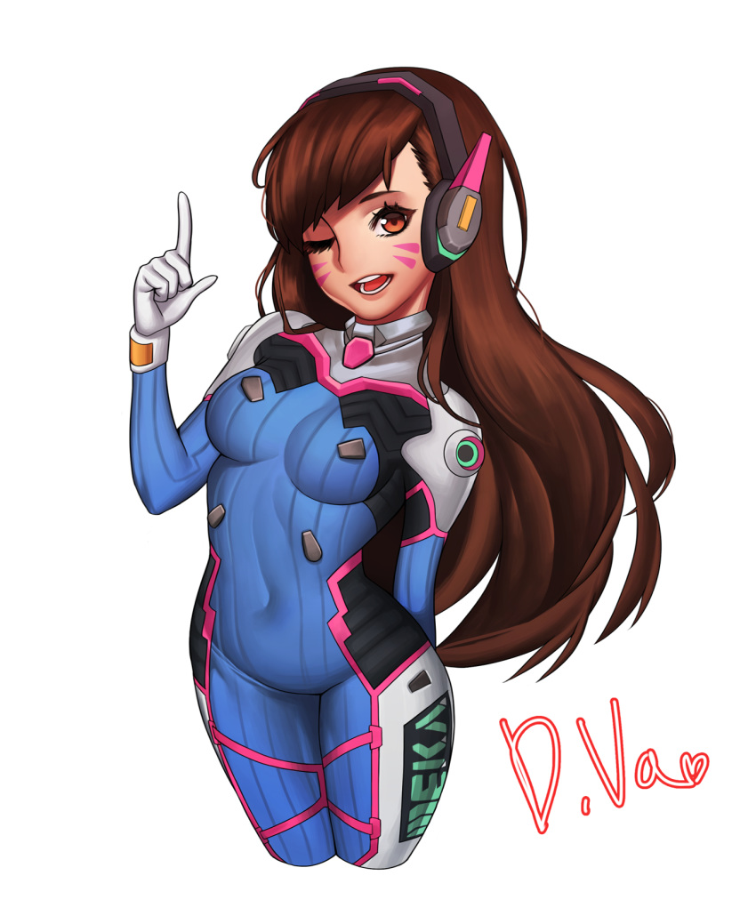 1girl animal_print bodysuit breasts brown_eyes brown_hair bunny_print commentary d.va_(overwatch) facepaint facial_mark gloves groin headphones highres hood_(james_x) long_hair looking_at_viewer open_mouth overwatch pilot_suit simple_background skin_tight smile solo whisker_markings white_background white_gloves