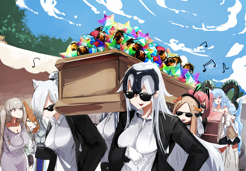 6+girls abigail_williams_(fate/grand_order) absurdres arknights artist_request azur_lane bangs blue_hair breasts carnival_phantasm character_request clouds cloudy_sky crossover curled_horns dancing dancing_pallbearers eyebrows_visible_through_hair fate/apocrypha fate/grand_order fate/stay_night fate_(series) girls_frontline gloves hair_between_eyes highres horns jeanne_d'arc_(alter)_(fate) jeanne_d'arc_(fate)_(all) large_breasts long_hair long_horns meme mica_team multiple_girls saint_quartz shanghai_sunborn_network shirt sky smile sunglasses tagme tiamat_(fate/grand_order) type-moon what white_gloves white_shirt yostar_inc.