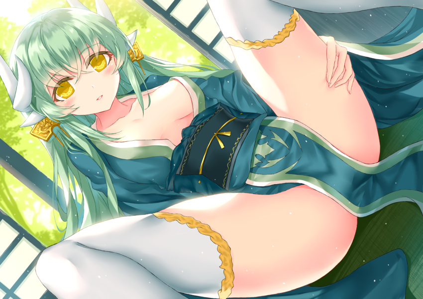 1girl aqua_hair ass bangs blush breasts collarbone commentary_request dragon_horns eyebrows_visible_through_hair fate/grand_order fate_(series) green_hair green_kimono hair_between_eyes horns japanese_clothes kimono kiyohime_(fate/grand_order) large_breasts long_hair looking_at_viewer morizono_shiki open_mouth smile solo spread_legs thigh-highs very_long_hair white_legwear yellow_eyes