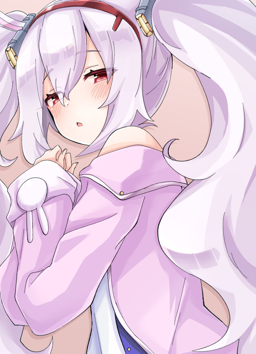 1girl animal_ears azur_lane bangs bare_shoulders blush brown_background chestnut_mouth eyebrows_visible_through_hair hair_between_eyes hair_ornament hairband hana_(tmtmrgrgtrg) highres jacket laffey_(azur_lane) long_hair long_sleeves lying off_shoulder on_side open_clothes open_jacket parted_lips pink_jacket purple_hair rabbit_ears red_eyes red_hairband sleeves_past_wrists solo twintails upper_body very_long_hair white_camisole