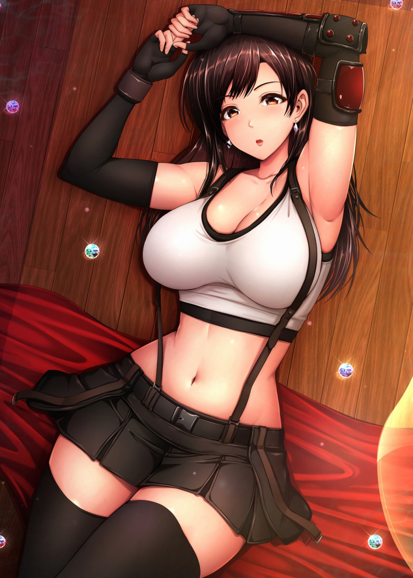 1girl arm_up armpits bangs bare_shoulders belt black_gloves black_skirt blush breasts brown_eyes brown_hair collarbone earrings elbow_gloves elbow_pads final_fantasy final_fantasy_vii final_fantasy_vii_remake fingerless_gloves gloves highres jewelry large_breasts long_hair looking_at_viewer navel open_mouth shirt skirt solo stretch suspender_skirt suspenders tank_top taut_clothes taut_shirt thigh-highs thighs tifa_lockhart umasan white_tank_top