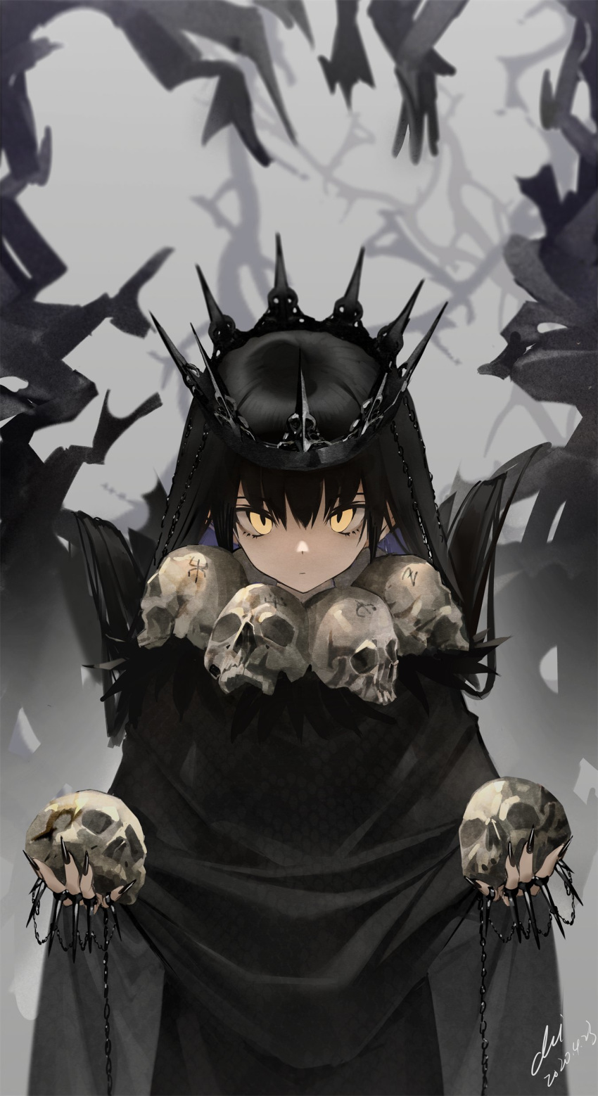 1girl absurdres black_cloak black_hair black_nails chain cloak closed_mouth crown dated fingernails highres holding holding_skull jewelry long_fingernails long_hair looking_at_viewer original ring sharp_fingernails signature skull solo very_long_fingernails very_long_hair xiao_chichi yellow_eyes