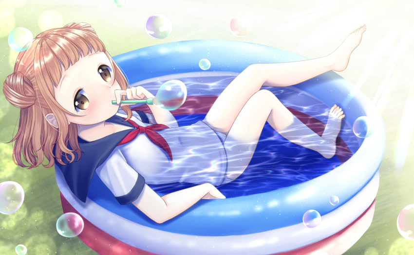 1girl barefoot brown_eyes brown_hair bubble bubble_blowing double_bun feet hair_bun highres legs lying on_back one-piece_swimsuit original partially_submerged sailor_collar school_uniform serafuku short_hair short_sleeves solo swimsuit thighs toes water white_swimsuit xenon_(simlacurm)
