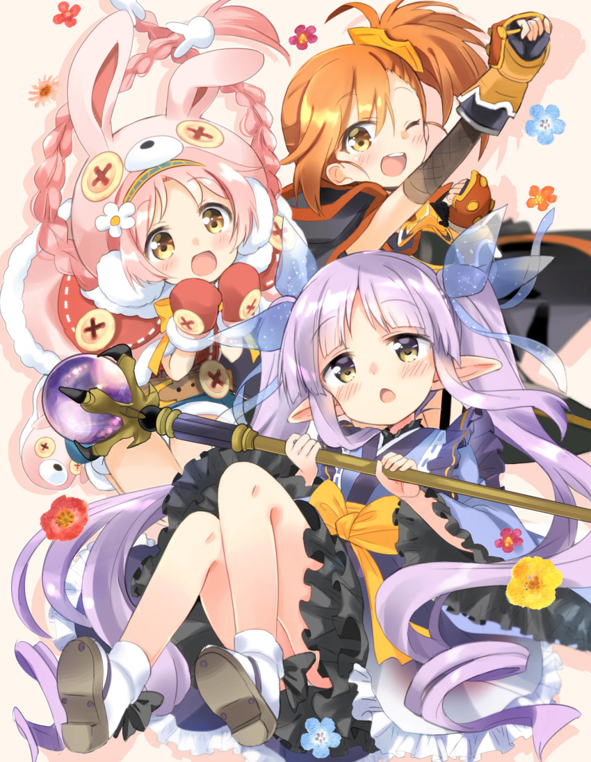 3girls :d ;d akane_mimi animal_ears animal_hat black_bow black_cape black_gloves blue_flower blue_kimono blue_ribbon blue_shorts blush bow braid brown_background brown_eyes brown_footwear brown_hair bunny_hat cape capelet commentary_request fake_animal_ears fingerless_gloves flower frilled_sleeves frills fur-trimmed_capelet fur-trimmed_mittens fur_trim gloves hair_ribbon hat highres hikawa_kyouka hizuki_yayoi hodaka_misogi holding holding_staff hood hood_down hooded_cape japanese_clothes kimono long_hair long_sleeves looking_at_viewer mittens multiple_girls one_eye_closed open_mouth orb panties pink_capelet pink_hair pink_headwear pointy_ears princess_connect! princess_connect!_re:dive purple_hair rabbit_ears red_flower red_mittens ribbon ribbon_trim short_shorts shorts side_ponytail smile socks staff twin_braids twintails underwear upper_teeth very_long_hair white_legwear white_panties wide_sleeves yellow_flower