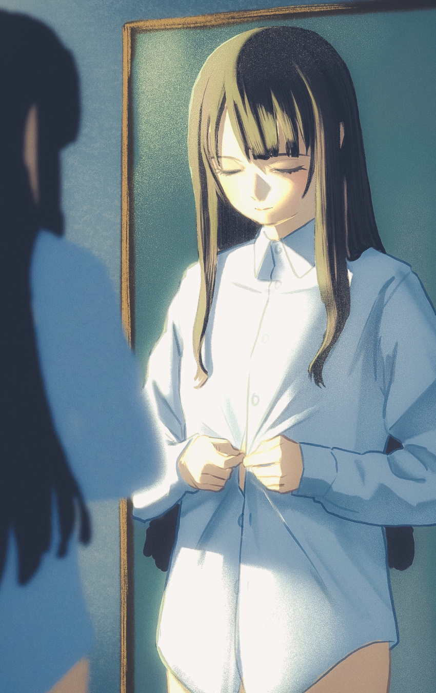 1girl absurdres bottomless brown_hair closed_eyes collared_shirt deg_(deguana) dressing expressionless highres idolmaster idolmaster_cinderella_girls light long_hair long_sleeves mirror mizumoto_yukari reflection shirt solo upper_body white_shirt