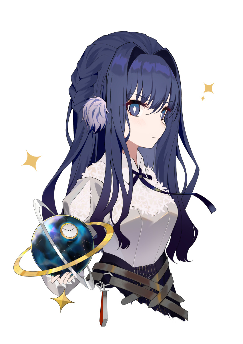 1girl absurdres arknights astesia_(arknights) ball blue_eyes blue_hair braid cropped_torso crystal crystal_ball diamond-shaped_pupils hair_intakes hair_ornament highres long_hair looking_at_viewer looking_to_the_side shirt simple_background solo sparkle symbol-shaped_pupils torry912 white_background white_shirt
