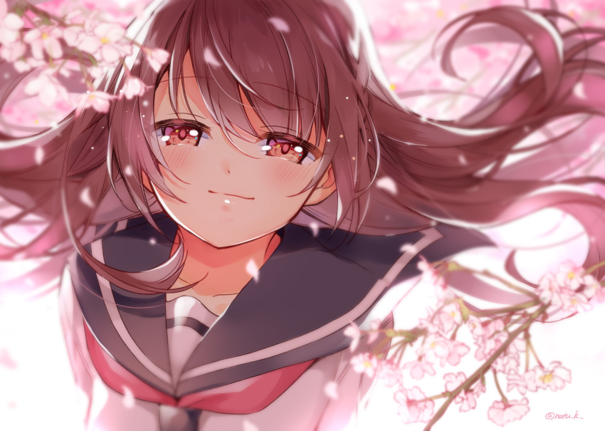 1girl bangs blush brown_eyes brown_hair cherry_blossoms commentary_request flower hair_blowing half-closed_eyes hazuki_natsu highres long_hair looking_at_viewer neckerchief original pink_flower red_neckwear school_uniform serafuku smile smug solo spring_(season) twitter_username upper_body