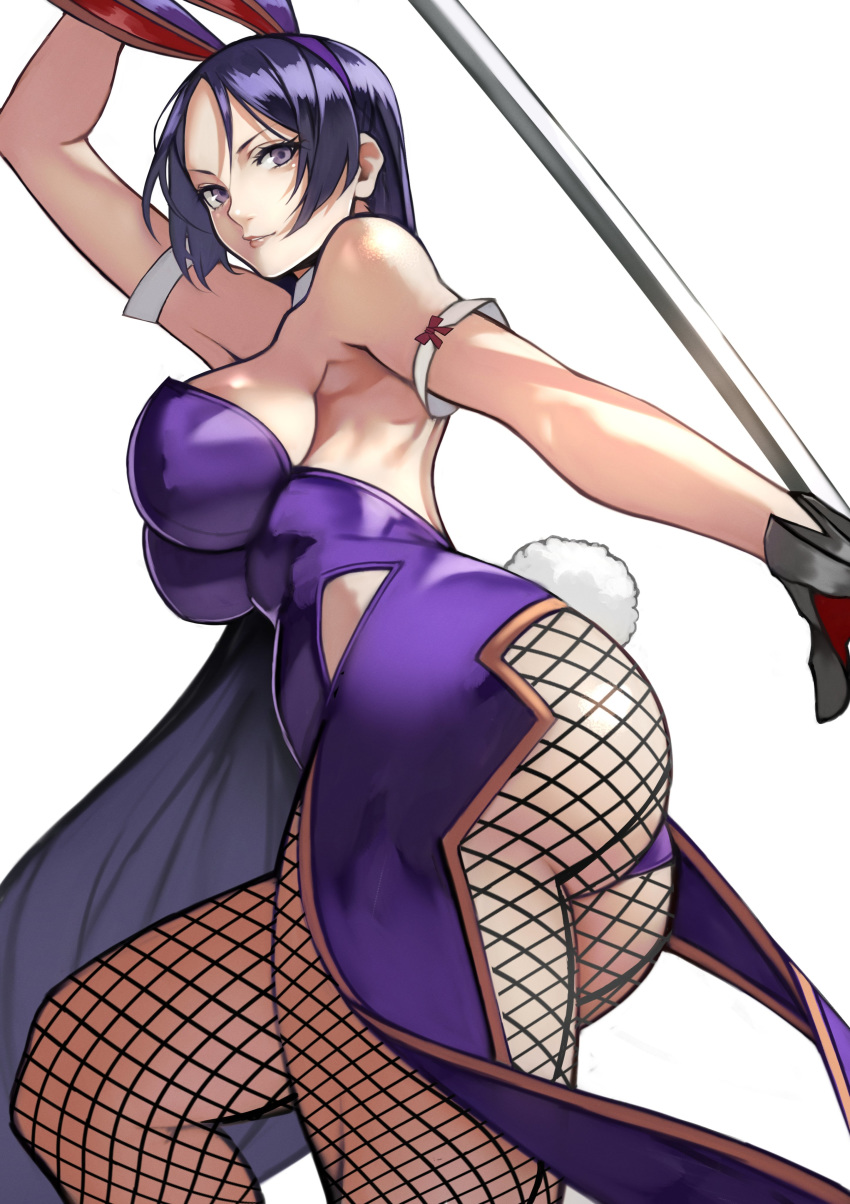 1girl 55level absurdres animal_ears ass bangs bare_shoulders breasts bunny_tail bunnysuit fate/grand_order fate_(series) highres katana large_breasts leotard long_hair looking_at_viewer minamoto_no_raikou_(fate/grand_order) parted_bangs purple_hair purple_leotard rabbit_ears simple_background solo sword tail thighs very_long_hair violet_eyes weapon white_background