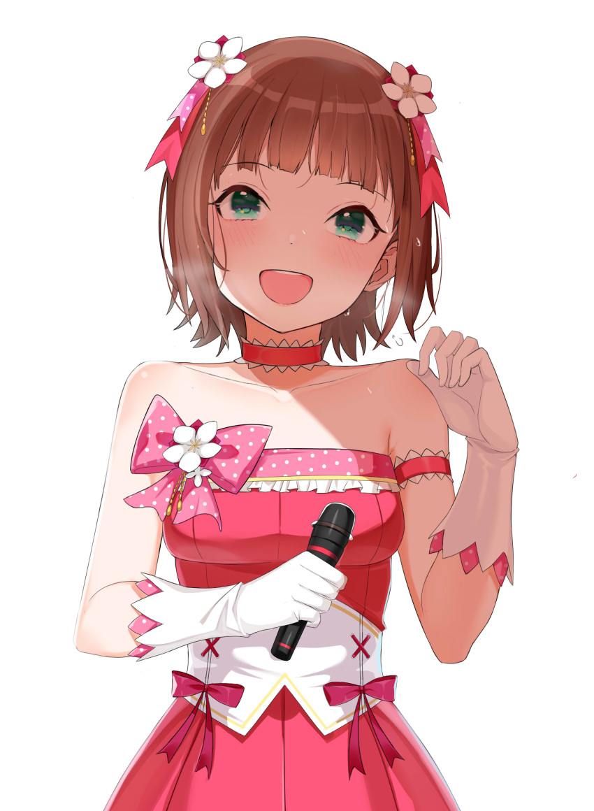 1girl absurdres amami_haruka bangs bare_shoulders blush breasts brown_hair collarbone commentary_request dress eyebrows_visible_through_hair flower gloves green_eyes hair_flower hair_ornament hair_ribbon highres holding holding_microphone idolmaster looking_at_viewer medium_breasts microphone pink_dress ribbon short_hair sleeveless sleeveless_dress smile solo strapless strapless_dress upper_teeth white_flower white_gloves xubai