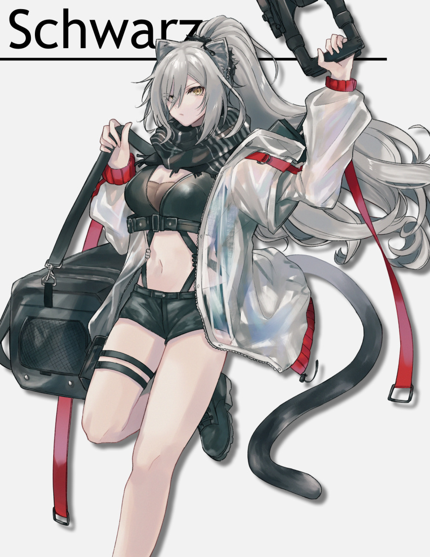 1girl animal_ears arknights arm_up bag bangs bare_legs black_footwear black_scarf black_shorts breasts cat_ears cat_tail character_name commentary_request crop_top drop_shadow eyebrows_visible_through_hair feet_out_of_frame grey_background grey_eyes hair_over_one_eye hand_up highres holding holding_bag jacket large_breasts long_hair long_ponytail long_sleeves looking_at_viewer midriff navel open_clothes open_jacket partial_commentary ponytail scarf schwarz_(arknights) see-through shoes short_shorts shorts silver_hair simple_background solo standing standing_on_one_leg stomach t_(too) tail thigh_strap thighs white_jacket